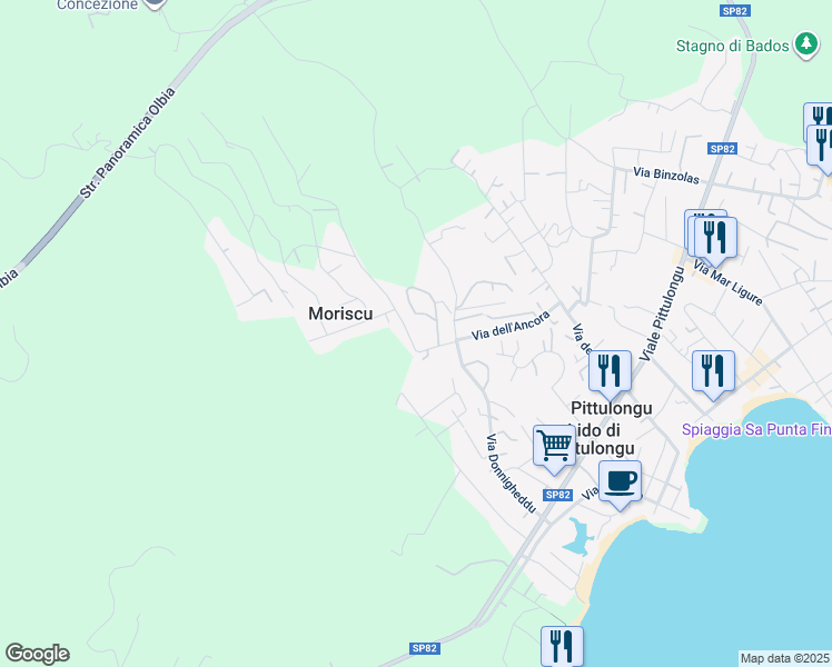 map of restaurants, bars, coffee shops, grocery stores, and more near 13 Via Giuanne Secche in Provincia di Sassari