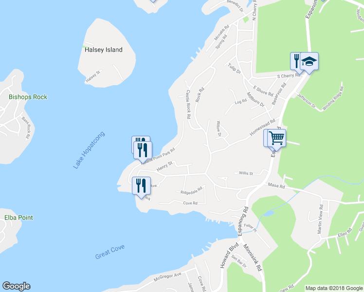 map of restaurants, bars, coffee shops, grocery stores, and more near 68 Nolans Point Park Road in Jefferson