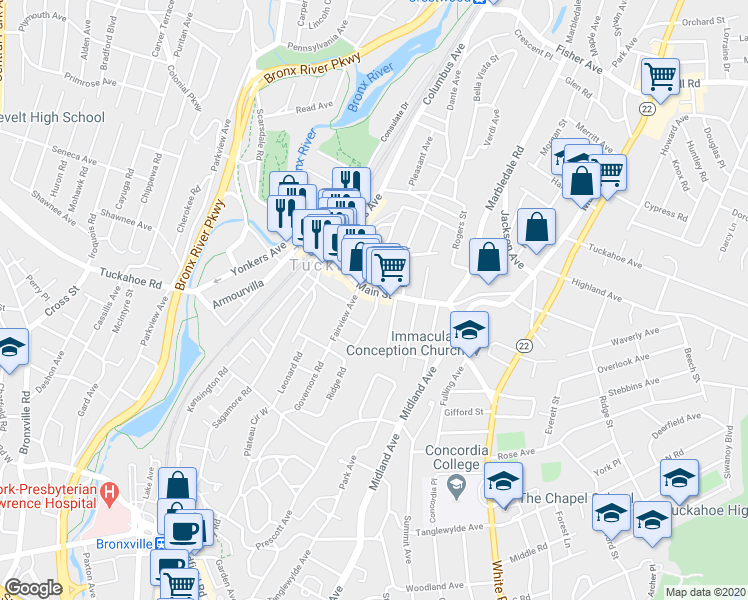 map of restaurants, bars, coffee shops, grocery stores, and more near 100 Main Street in Tuckahoe