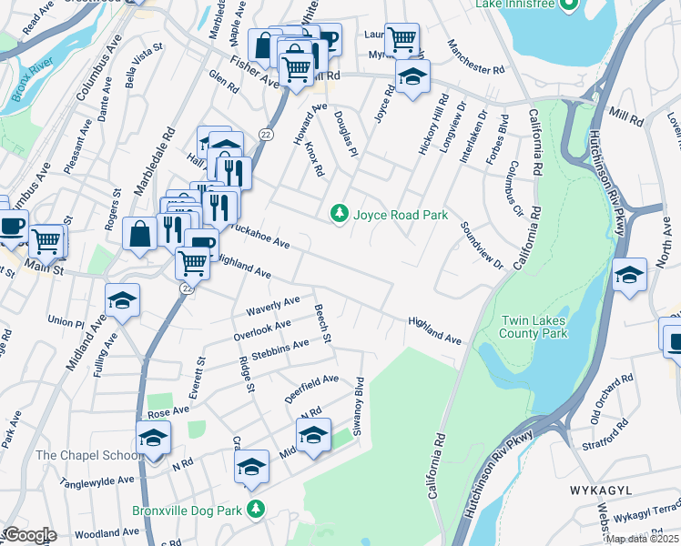 map of restaurants, bars, coffee shops, grocery stores, and more near 82 Highland Avenue in Eastchester