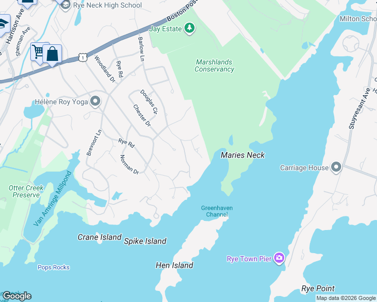 map of restaurants, bars, coffee shops, grocery stores, and more near 57 Barlow Lane in Rye