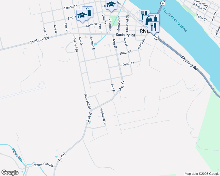 map of restaurants, bars, coffee shops, grocery stores, and more near 1100-1204 Avenue F in Danville