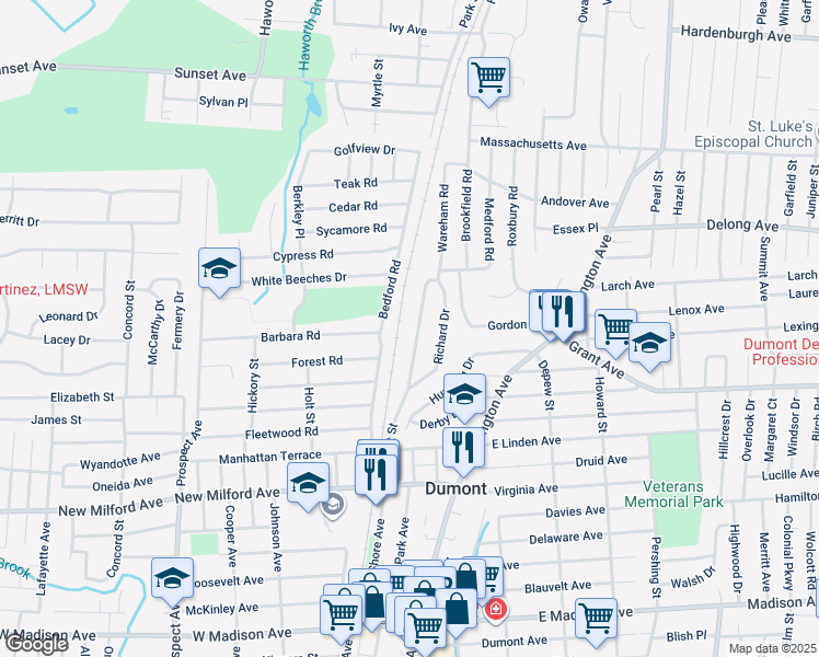 map of restaurants, bars, coffee shops, grocery stores, and more near 193 Sunset Street in Dumont