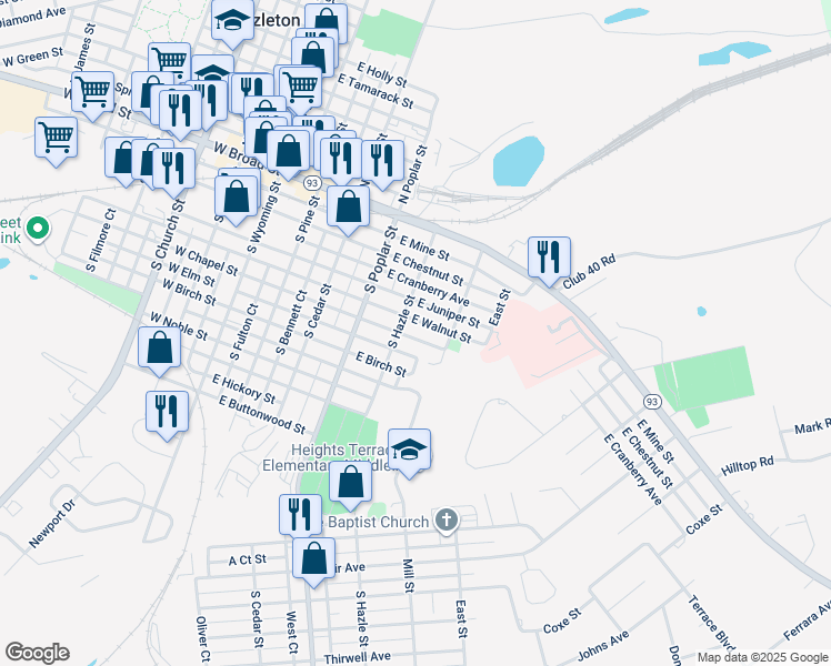 map of restaurants, bars, coffee shops, grocery stores, and more near 418 East Walnut Street in Hazleton