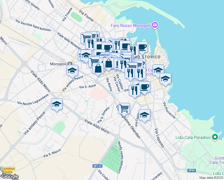 map of restaurants, bars, coffee shops, grocery stores, and more near 26 Via Roma in Monopoli