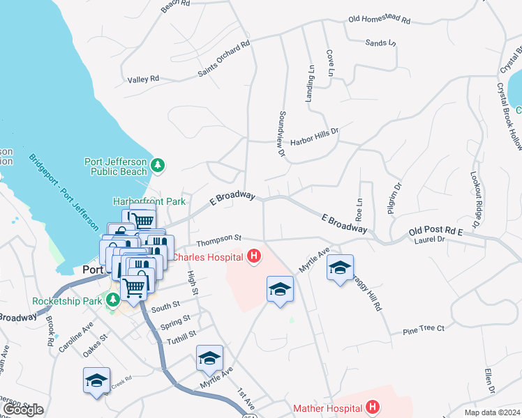 map of restaurants, bars, coffee shops, grocery stores, and more near 411 East Broadway in Port Jefferson