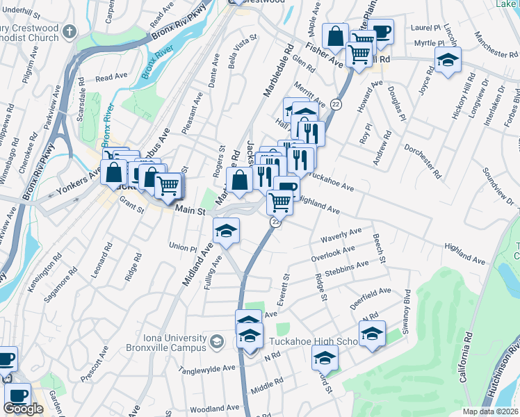 map of restaurants, bars, coffee shops, grocery stores, and more near 211 Main Street in Eastchester