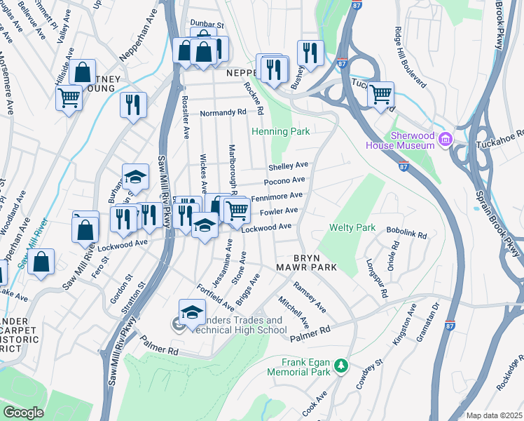 map of restaurants, bars, coffee shops, grocery stores, and more near 117 Rockne Road in Yonkers