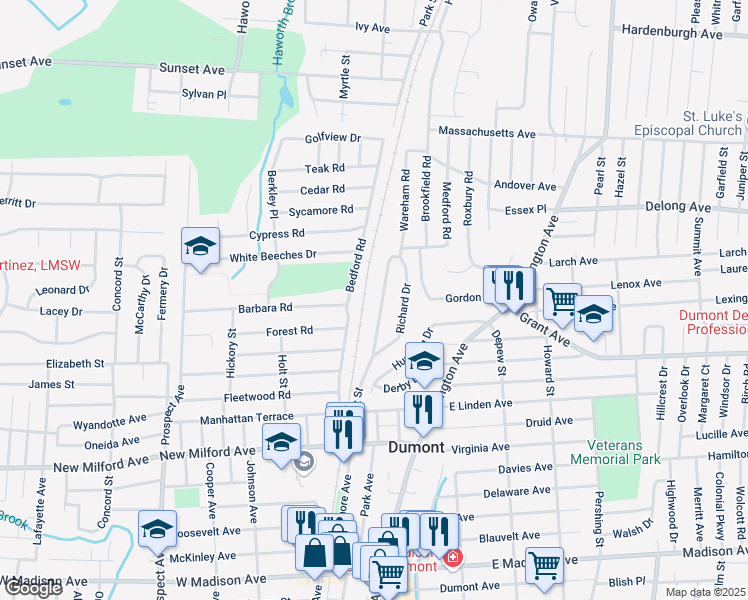 map of restaurants, bars, coffee shops, grocery stores, and more near 193 Sunset Street in Dumont