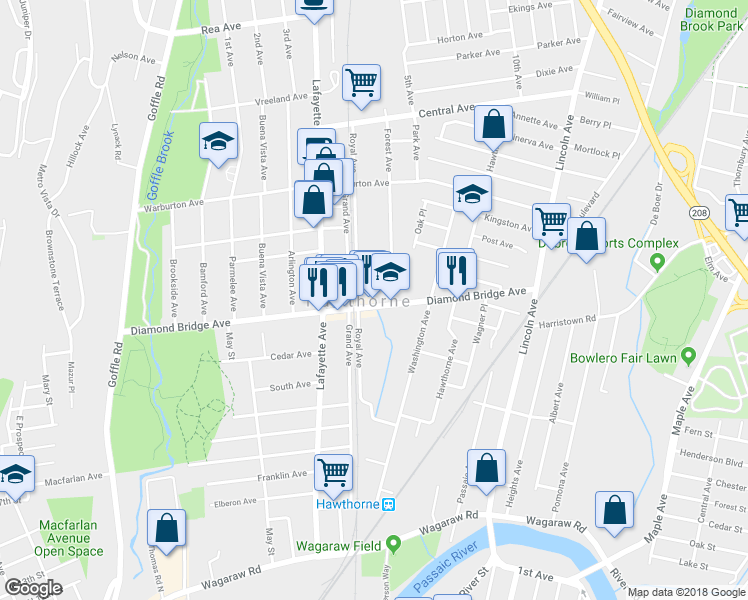 map of restaurants, bars, coffee shops, grocery stores, and more near 24 Forest Avenue in Hawthorne