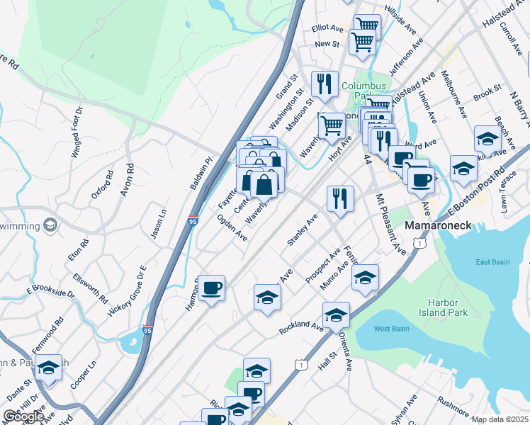 map of restaurants, bars, coffee shops, grocery stores, and more near 421 Waverly Avenue in Mamaroneck