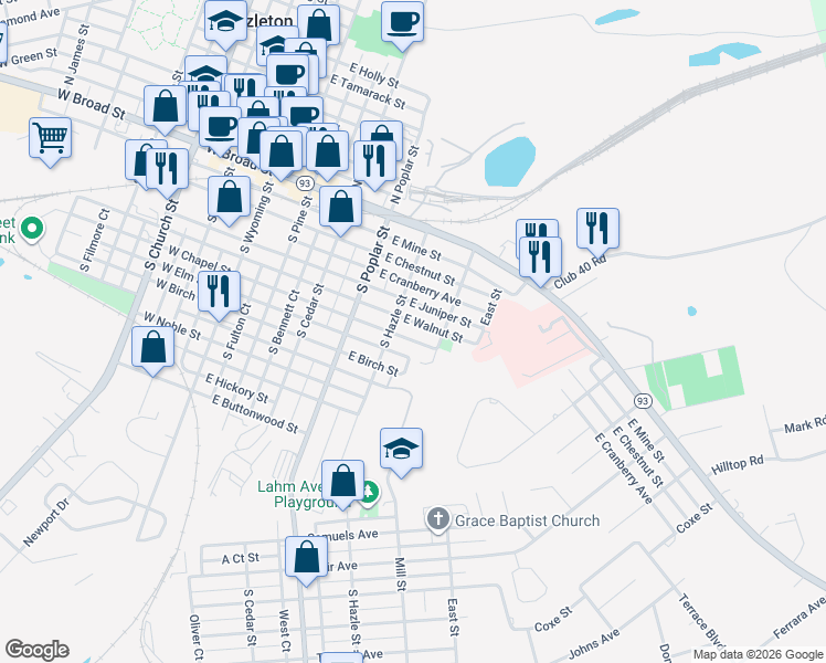 map of restaurants, bars, coffee shops, grocery stores, and more near 413 East Walnut Street in Hazleton