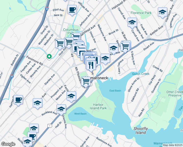 map of restaurants, bars, coffee shops, grocery stores, and more near 121 Prospect Avenue in Mamaroneck