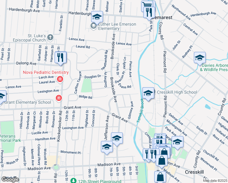 map of restaurants, bars, coffee shops, grocery stores, and more near Brookside Avenue in Cresskill