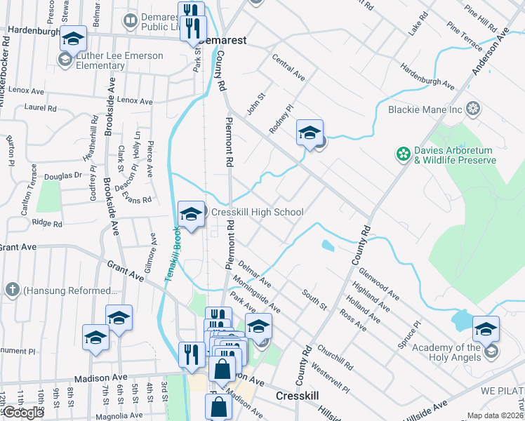 map of restaurants, bars, coffee shops, grocery stores, and more near 28 Meadow Street in Demarest