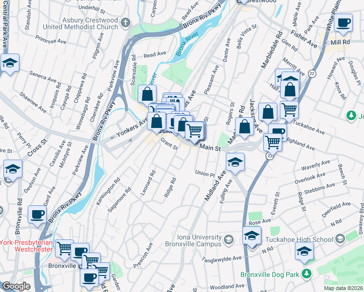 map of restaurants, bars, coffee shops, grocery stores, and more near 62 Main Street in Tuckahoe