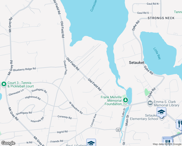 map of restaurants, bars, coffee shops, grocery stores, and more near 6 Conscience Bay Road in Setauket- East Setauket