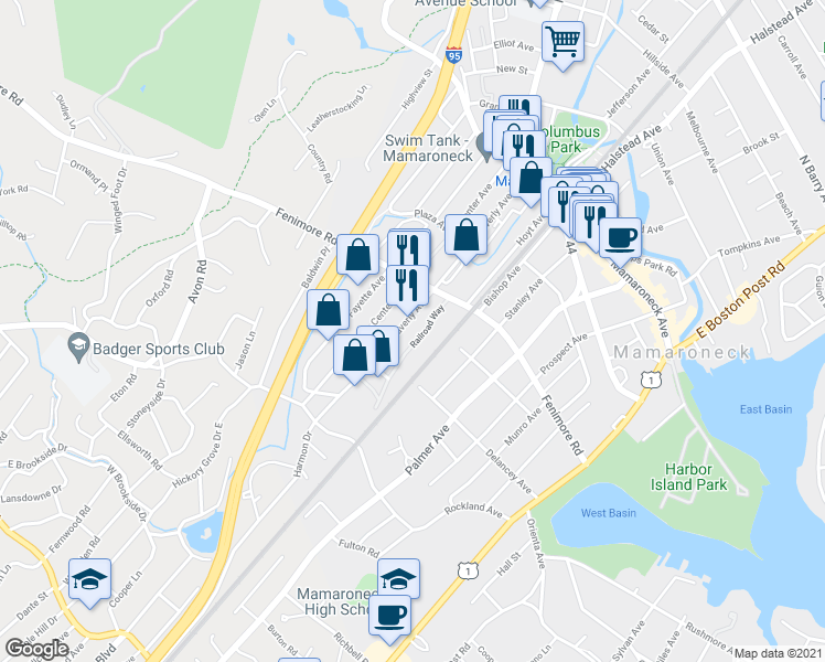 map of restaurants, bars, coffee shops, grocery stores, and more near 434 Waverly Avenue in Mamaroneck
