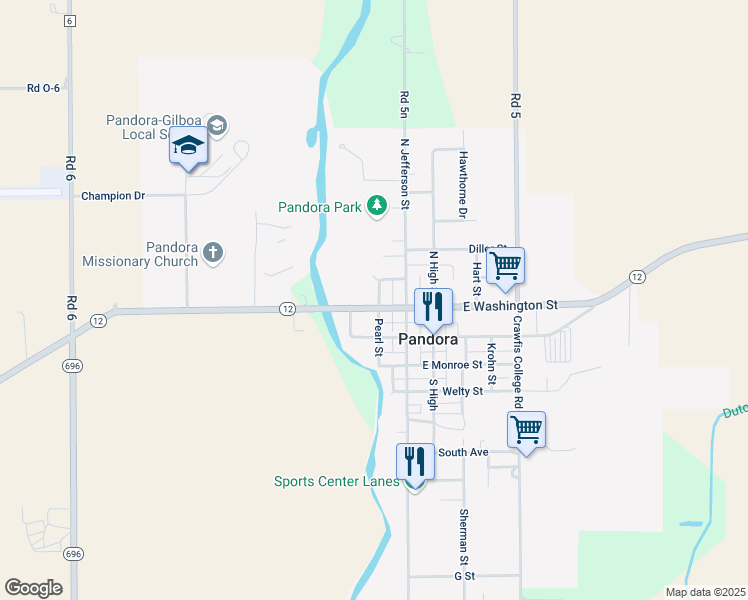 map of restaurants, bars, coffee shops, grocery stores, and more near 201-207 North Pearl Street in Pandora