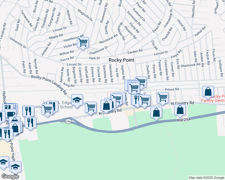 map of restaurants, bars, coffee shops, grocery stores, and more near 70 King Road in Rocky Point