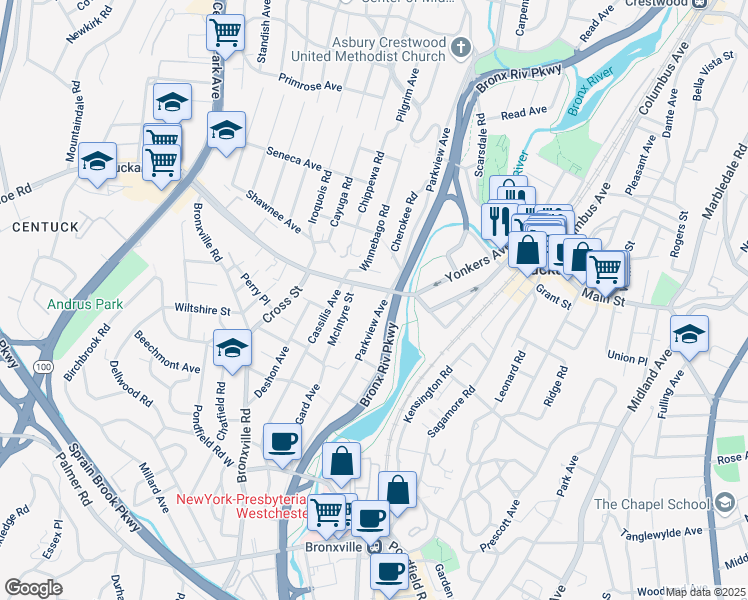map of restaurants, bars, coffee shops, grocery stores, and more near 261 Parkview Avenue in Yonkers