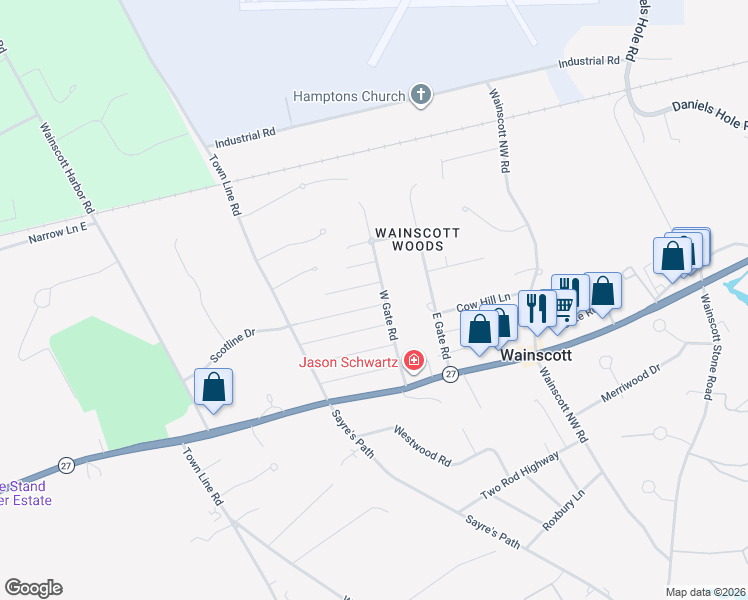 map of restaurants, bars, coffee shops, grocery stores, and more near 49 West Gate Road in Wainscott