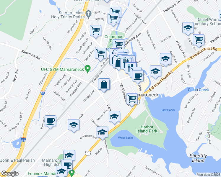 map of restaurants, bars, coffee shops, grocery stores, and more near 225 Maple Avenue in Mamaroneck