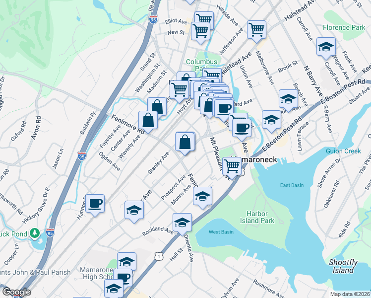 map of restaurants, bars, coffee shops, grocery stores, and more near 328 Stanley Avenue in Mamaroneck