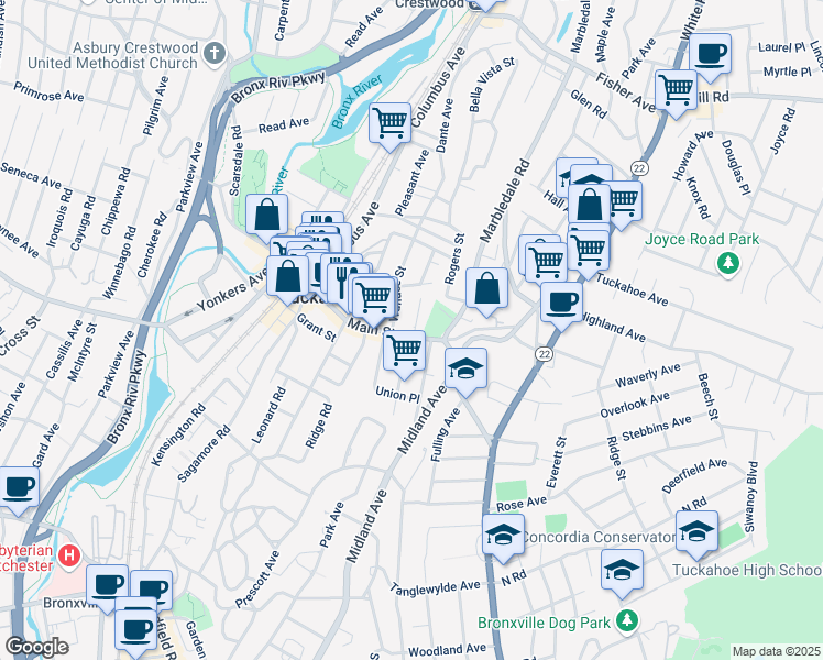 map of restaurants, bars, coffee shops, grocery stores, and more near 18 Wallace Street in Tuckahoe