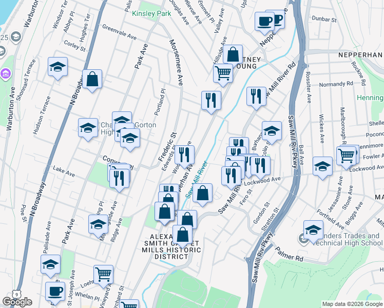 map of restaurants, bars, coffee shops, grocery stores, and more near 217 Woodland Avenue in Yonkers