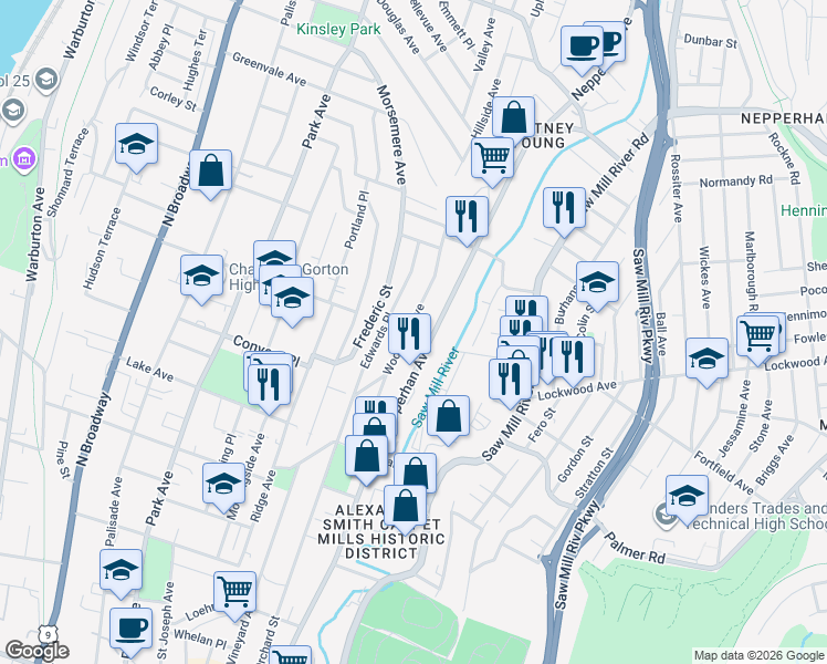 map of restaurants, bars, coffee shops, grocery stores, and more near 217 Woodland Avenue in Yonkers