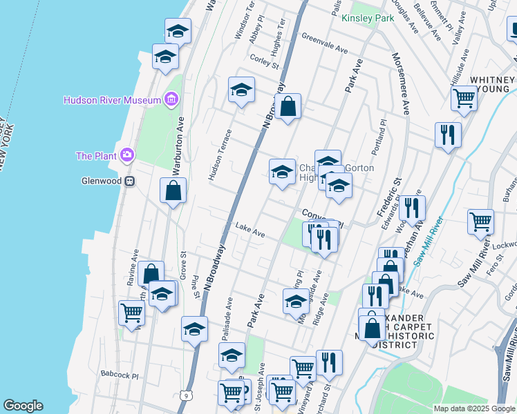 map of restaurants, bars, coffee shops, grocery stores, and more near in Yonkers