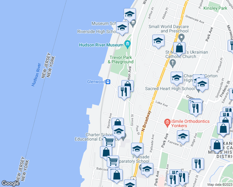 map of restaurants, bars, coffee shops, grocery stores, and more near 172 Ravine Avenue in Yonkers