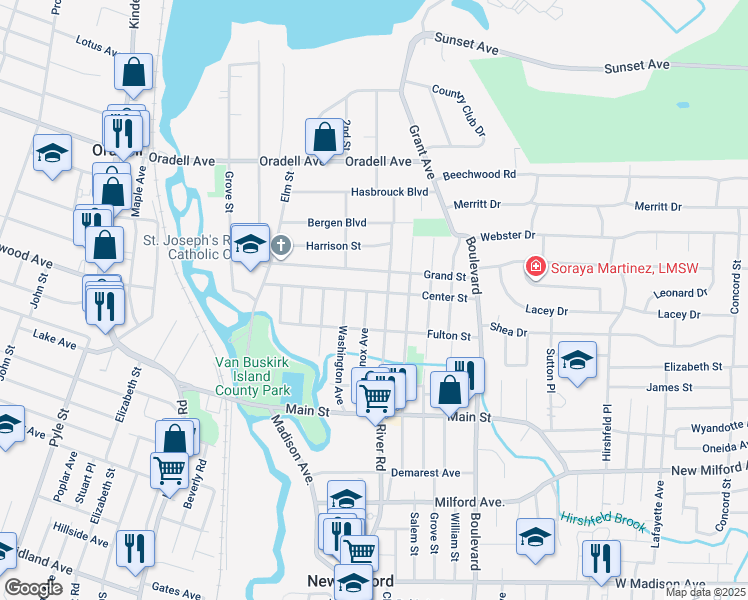 map of restaurants, bars, coffee shops, grocery stores, and more near 186 Grand Street in New Milford