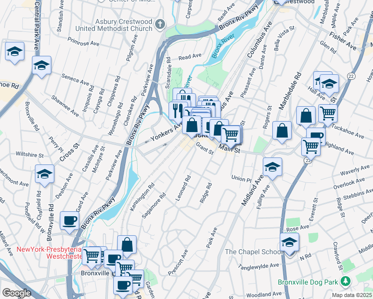 map of restaurants, bars, coffee shops, grocery stores, and more near 127 Sagamore Road in Tuckahoe