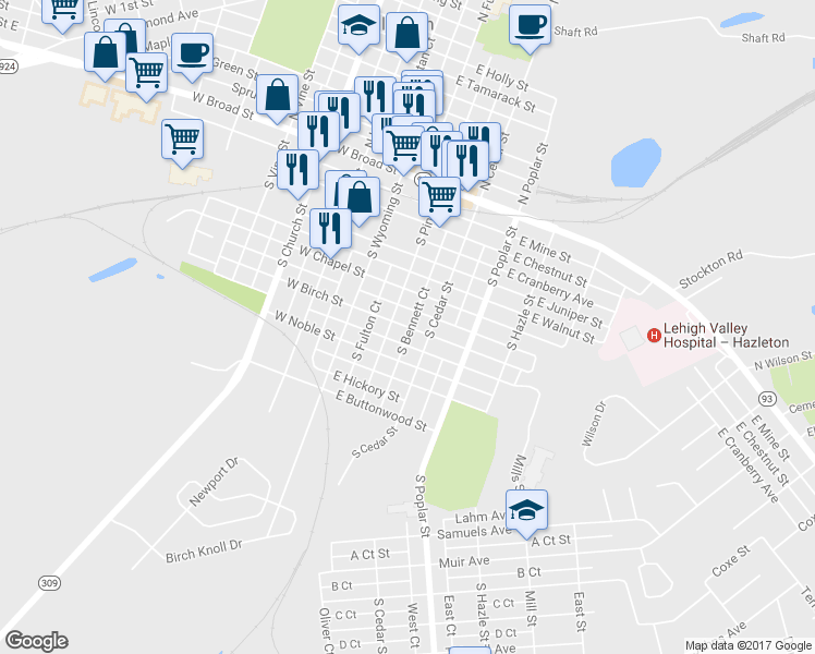 map of restaurants, bars, coffee shops, grocery stores, and more near 113 East Birch Street in Hazleton