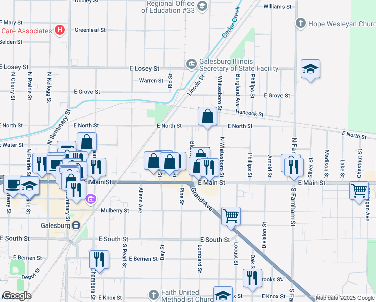 map of restaurants, bars, coffee shops, grocery stores, and more near 211-221 Blaine Avenue in Galesburg