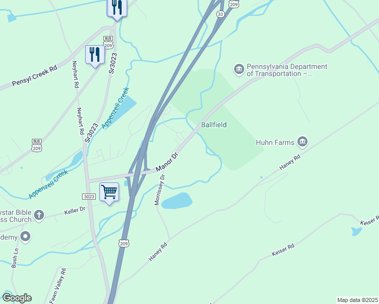 map of restaurants, bars, coffee shops, grocery stores, and more near 4225 Manor Drive in Stroudsburg