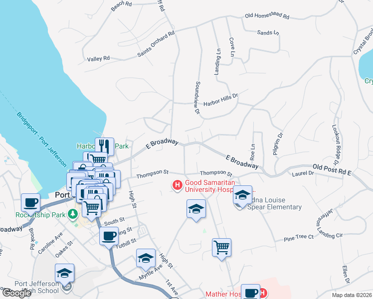map of restaurants, bars, coffee shops, grocery stores, and more near 411 East Broadway in Port Jefferson
