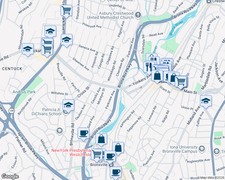 map of restaurants, bars, coffee shops, grocery stores, and more near 261 Parkview Avenue in Yonkers