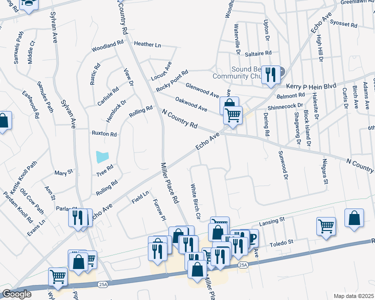 map of restaurants, bars, coffee shops, grocery stores, and more near 195 Echo Avenue in Miller Place