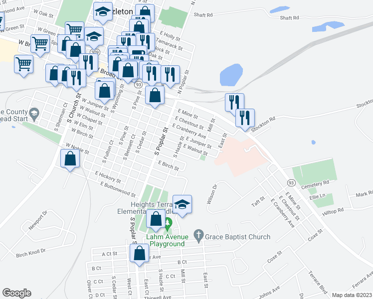 map of restaurants, bars, coffee shops, grocery stores, and more near 418 East Walnut Street in Hazleton