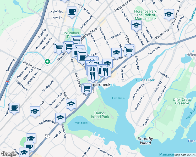 map of restaurants, bars, coffee shops, grocery stores, and more near 139 East Prospect Avenue in Mamaroneck
