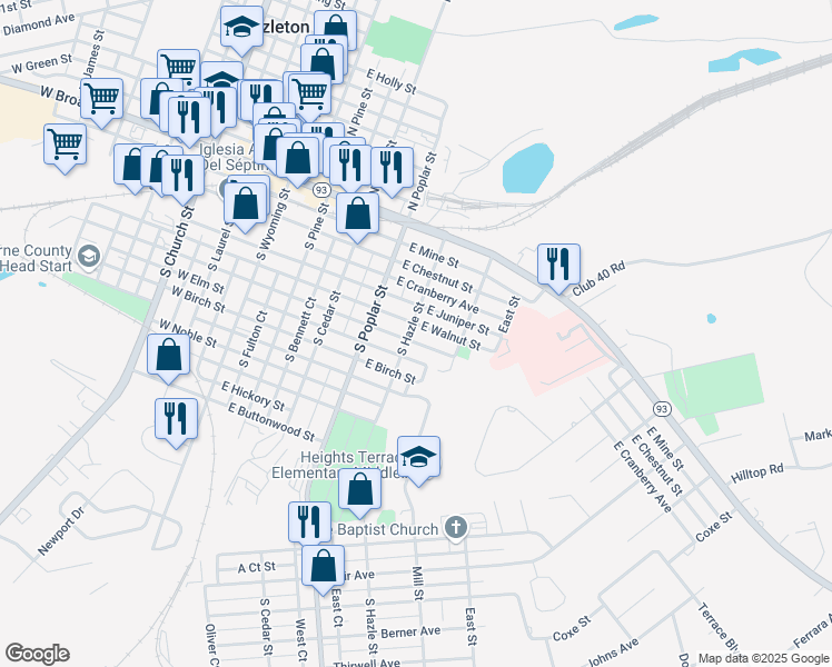 map of restaurants, bars, coffee shops, grocery stores, and more near 402 East Walnut Street in Hazleton