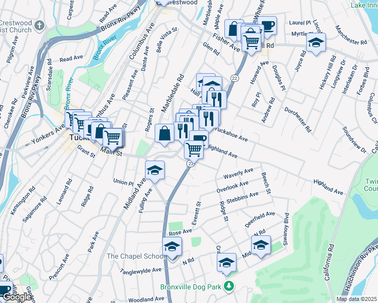 map of restaurants, bars, coffee shops, grocery stores, and more near 10 Highland Avenue in Eastchester