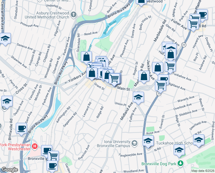 map of restaurants, bars, coffee shops, grocery stores, and more near 85 Main Street in Tuckahoe