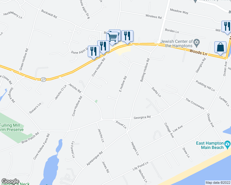 map of restaurants, bars, coffee shops, grocery stores, and more near 54 East Hollow Road in East Hampton
