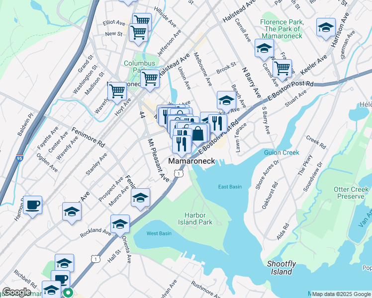 map of restaurants, bars, coffee shops, grocery stores, and more near 139 East Prospect Avenue in Mamaroneck