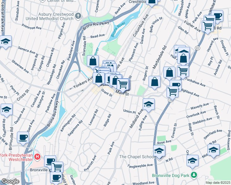 map of restaurants, bars, coffee shops, grocery stores, and more near 85 Main Street in Tuckahoe