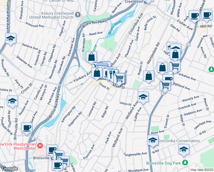 map of restaurants, bars, coffee shops, grocery stores, and more near 62 Main Street in Tuckahoe